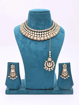 Kundan and Green Bead Semi Bridal Necklace Set in Brass