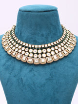 Kundan and Green Bead Semi Bridal Necklace Set in Brass