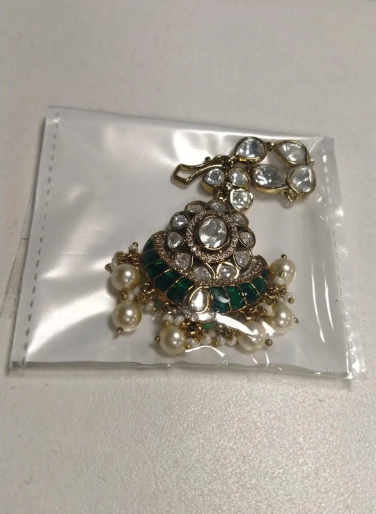 Green and Pink Enamel Brass Maang Tikka