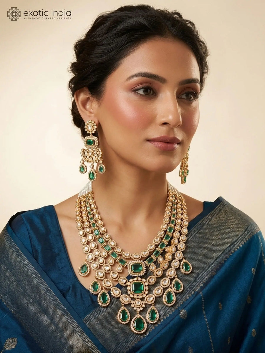 Faux Emerald Multi Strand Sterling Silver Necklace Set