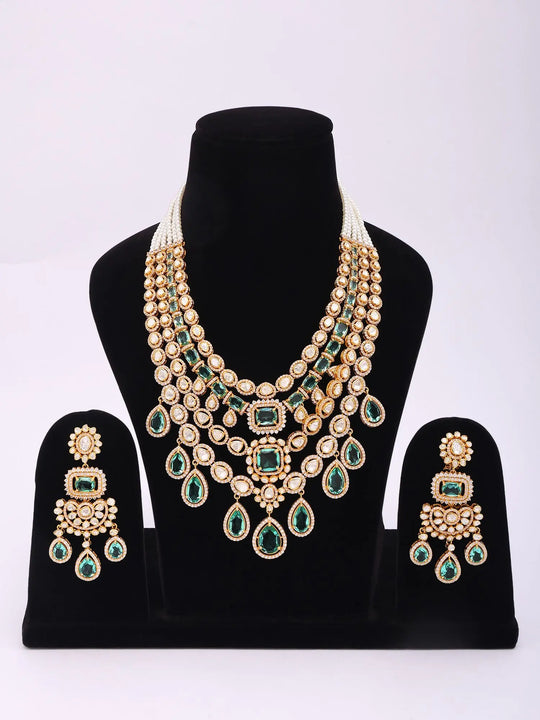 Faux Emerald Multi Strand Sterling Silver Necklace Set