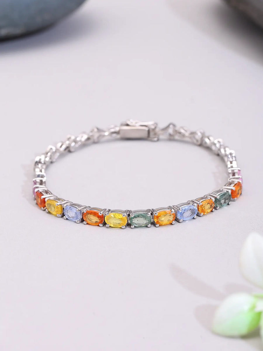 Natural Multicolour Sapphire Sterling Silver Tennis Bracelet