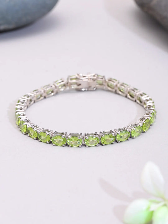 Oval Cut Natural Peridot Sterling Silver Tennis Bracelet