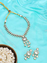 White Stone Studded Brass Necklace Set with Drop Earrings