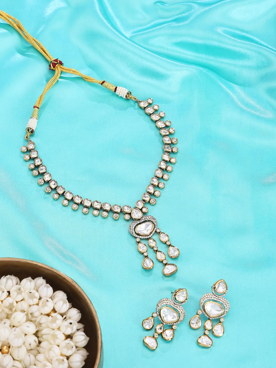 White Stone Studded Brass Necklace Set with Drop Earrings