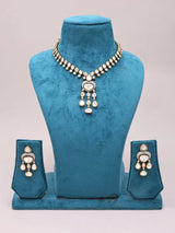 White Stone Studded Brass Necklace Set with Drop Earrings