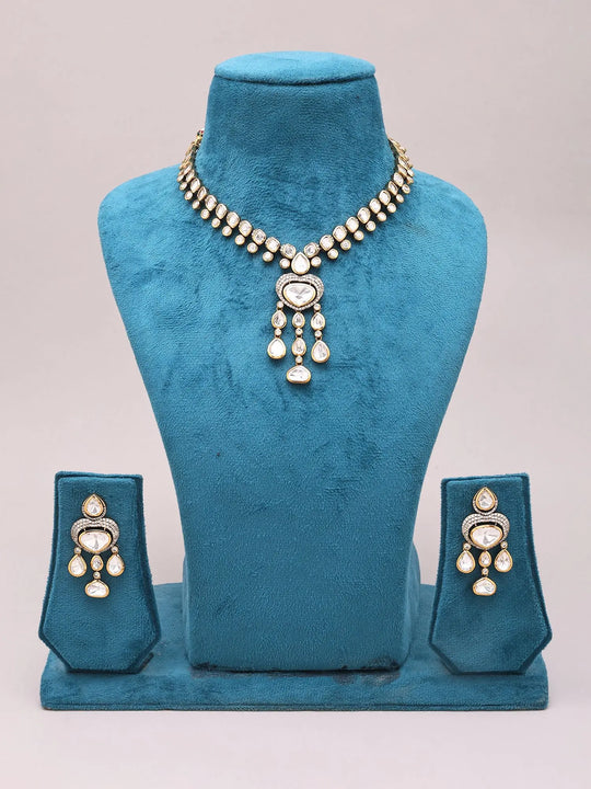 White Stone Studded Brass Necklace Set with Drop Earrings