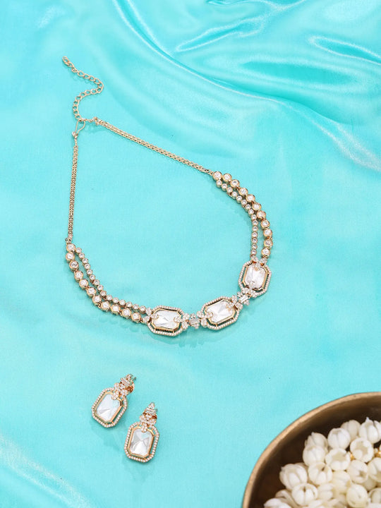 Geometric Brass Stone Studded Necklace Set with Earrings