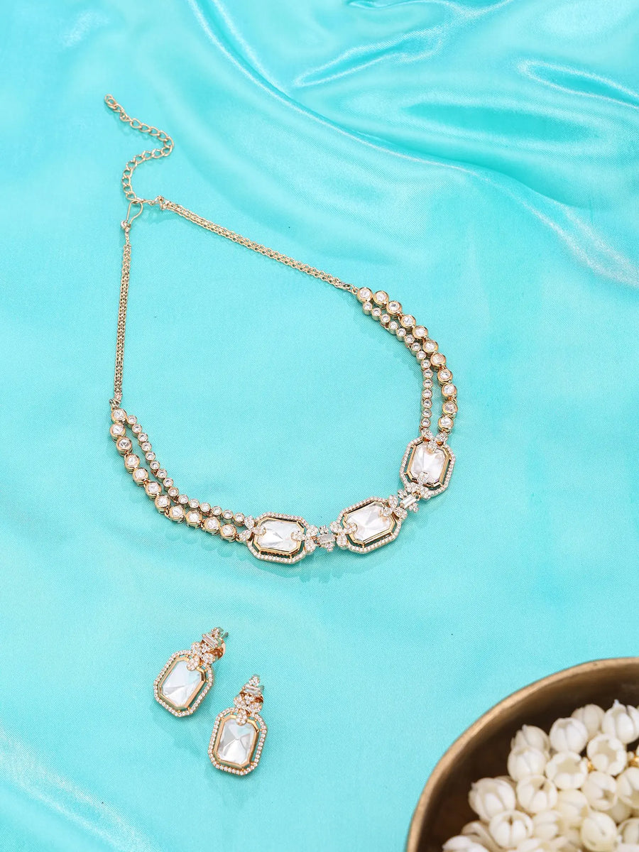 Geometric Brass Stone Studded Necklace Set with Earrings