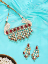 Red and Green Kundan Choker Necklace Set with Chandbali Earrings