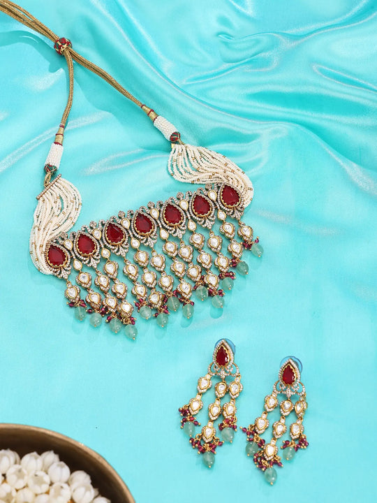 Red and Green Kundan Choker Necklace Set with Chandbali Earrings