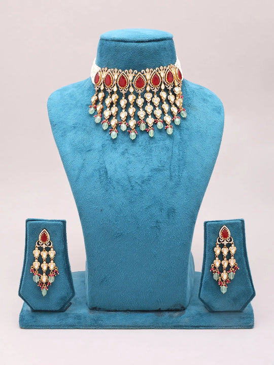 Red and Green Kundan Choker Necklace Set with Chandbali Earrings