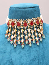 Red and Green Kundan Choker Necklace Set with Chandbali Earrings