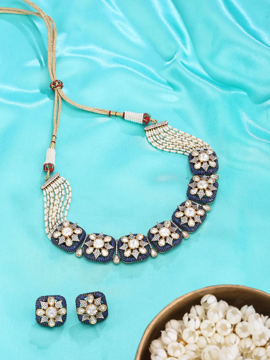 Floral Kundan Stone Studded Necklace and Earrings Set
