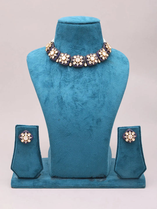 Floral Kundan Stone Studded Necklace and Earrings Set