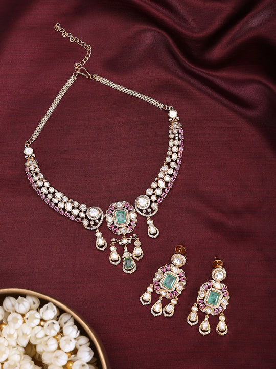Kundan Stone Drop Choker Necklace Set in Brass