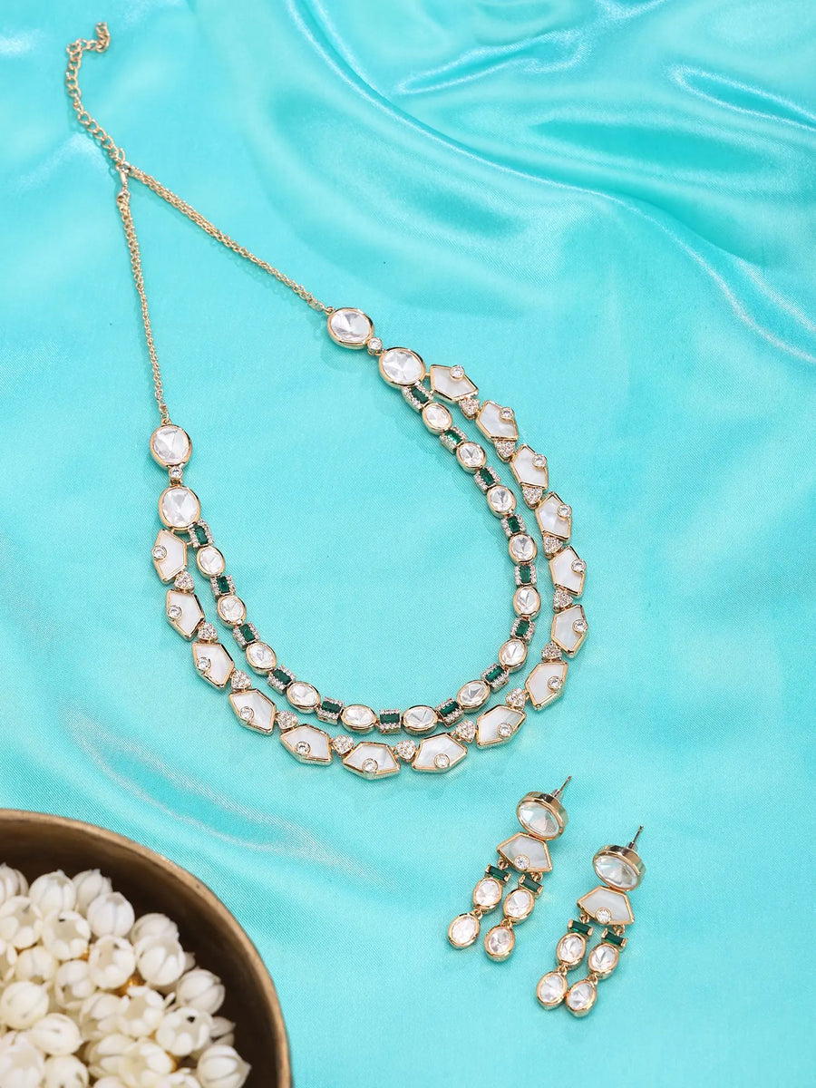 White Stone Double Strand Necklace and Earrings Set in Brass