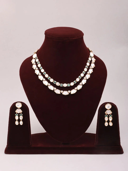 White Stone Double Strand Necklace and Earrings Set in Brass