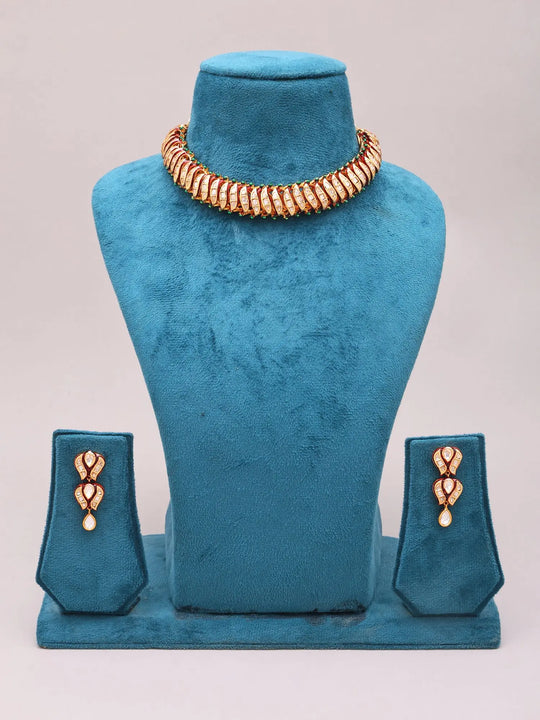 Kundan Stone Studded Brass Choker Necklace Set with Earrings