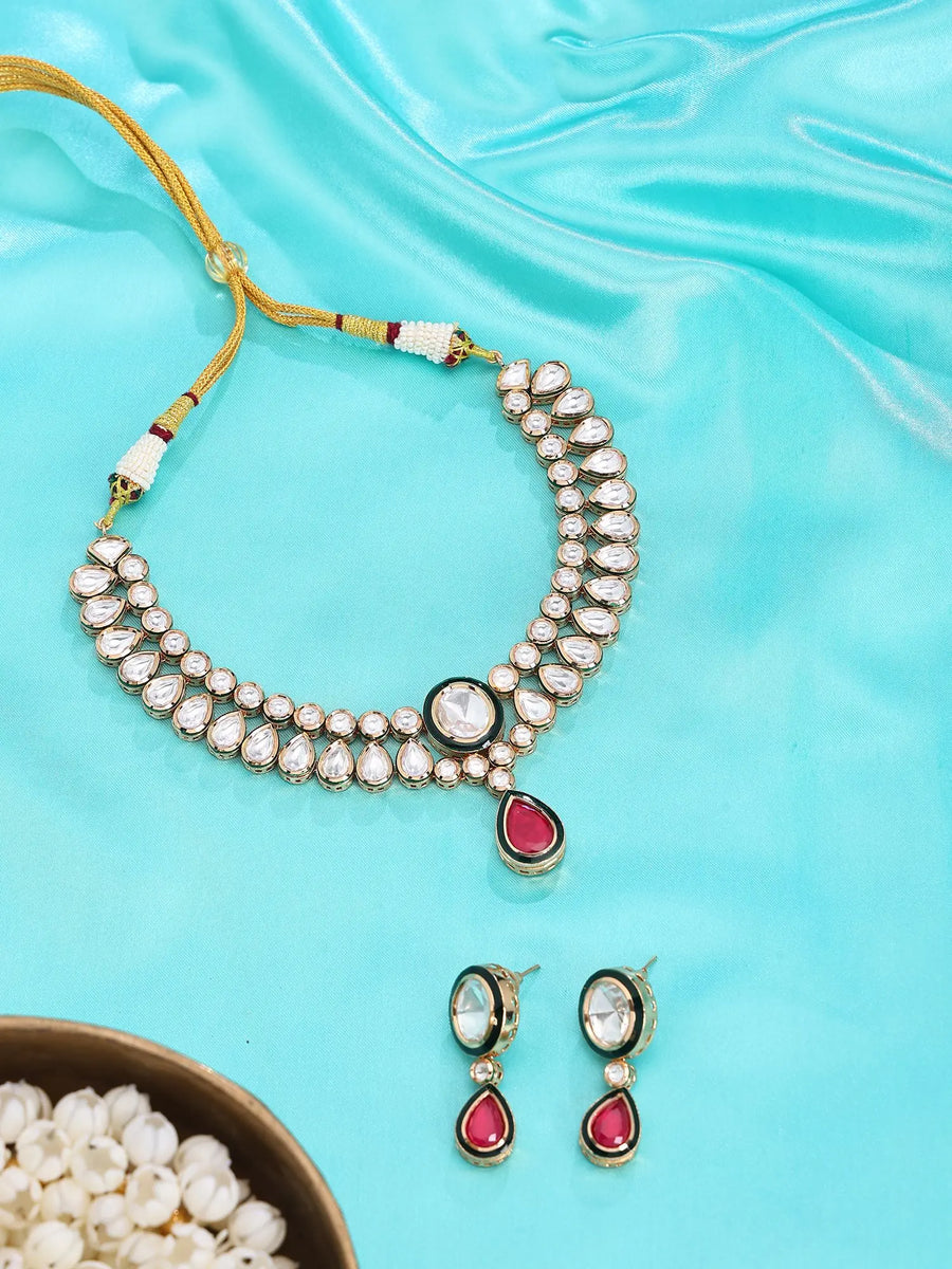 Teardrop Polki Stone Studded Necklace and Earrings Set