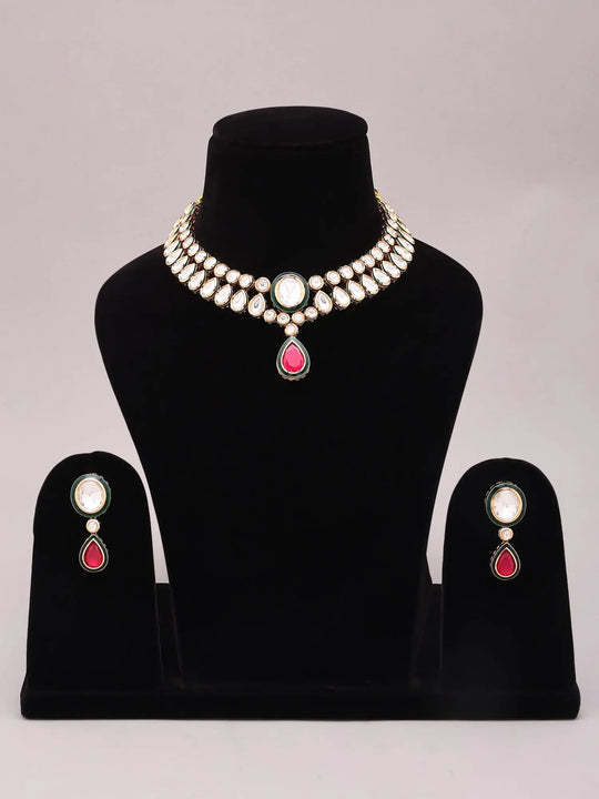 Teardrop Polki Stone Studded Necklace and Earrings Set