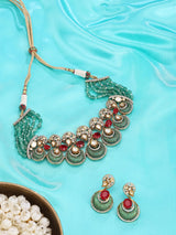 Peacock Motif Beaded Brass Necklace and Earrings Set
