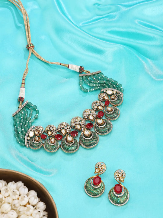 Peacock Motif Beaded Brass Necklace and Earrings Set
