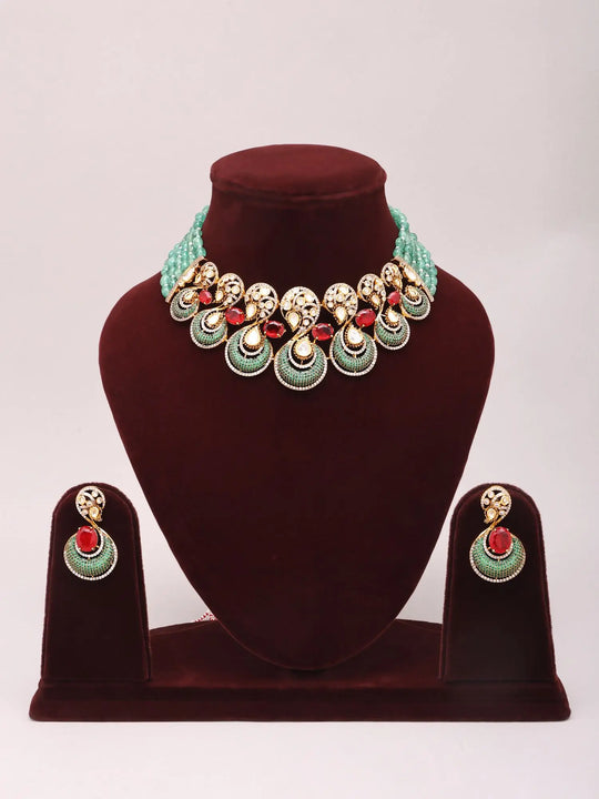 Peacock Motif Beaded Brass Necklace and Earrings Set