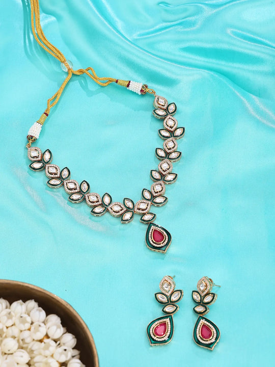 Leaf Motif Stone Studded Brass Necklace and Earrings Set