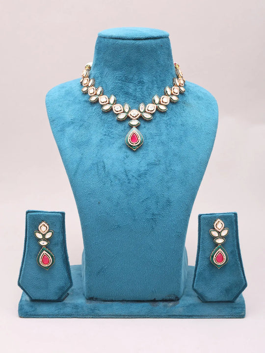 Leaf Motif Stone Studded Brass Necklace and Earrings Set