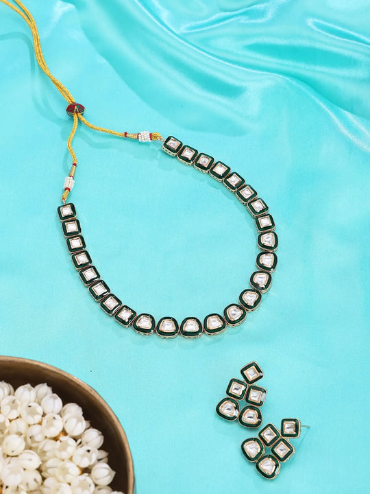 Polki and Green Meenakari Necklace and Earrings Set