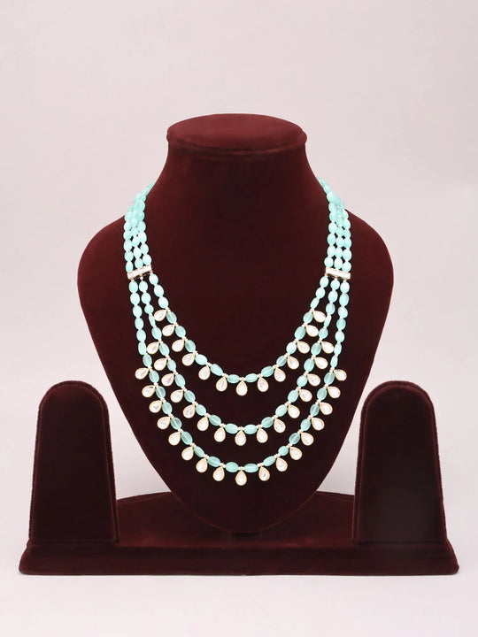 Mint and Pink Polki Teardrop Multi-Strand Beaded Necklace