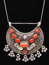 Red Coral Filigree Peacock Sterling Silver Pendant