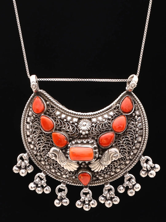 Red Coral Filigree Peacock Sterling Silver Pendant