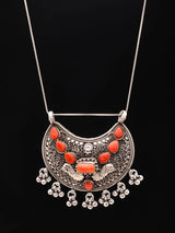 Red Coral Filigree Peacock Sterling Silver Pendant