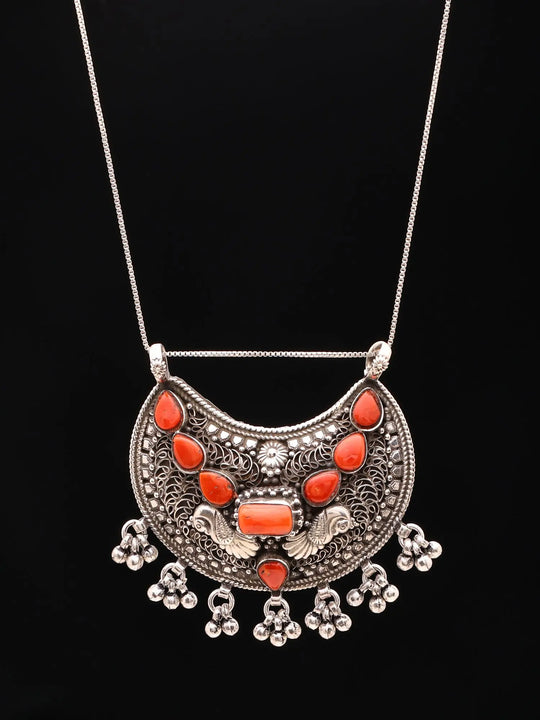 Red Coral Filigree Peacock Sterling Silver Pendant