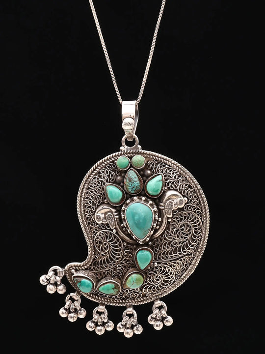 Turquoise Filigree Twin Bird Sterling Silver Pendant