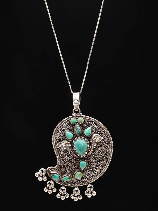 Turquoise Filigree Twin Bird Sterling Silver Pendant