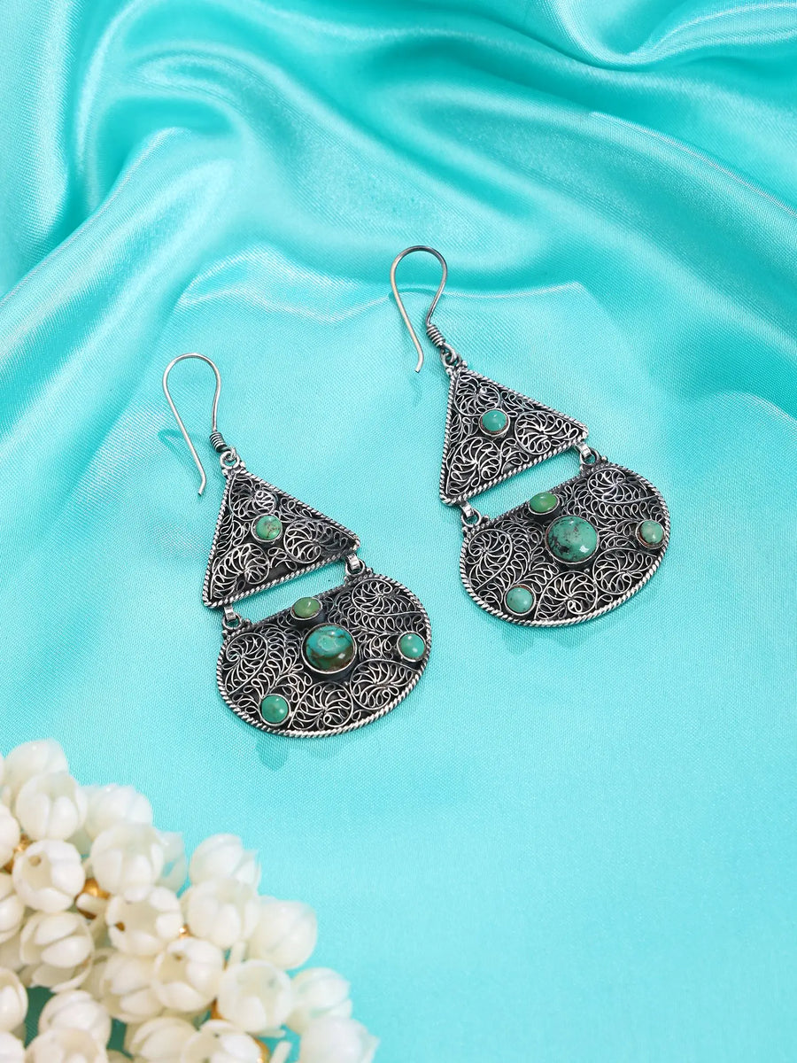 Sterling Silver Turquoise Filigree Geometric Drop Earrings