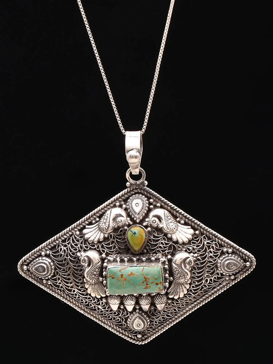Turquoise and Silver Filigree Peacock Pendant