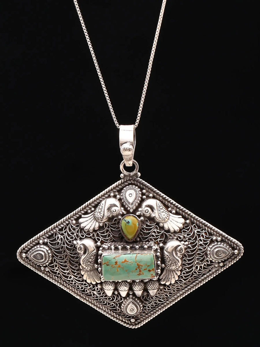Turquoise and Silver Filigree Peacock Pendant