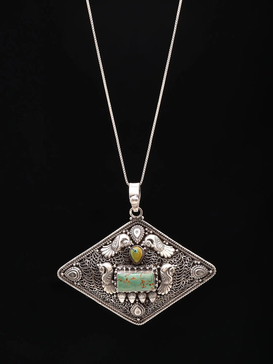Turquoise and Silver Filigree Peacock Pendant