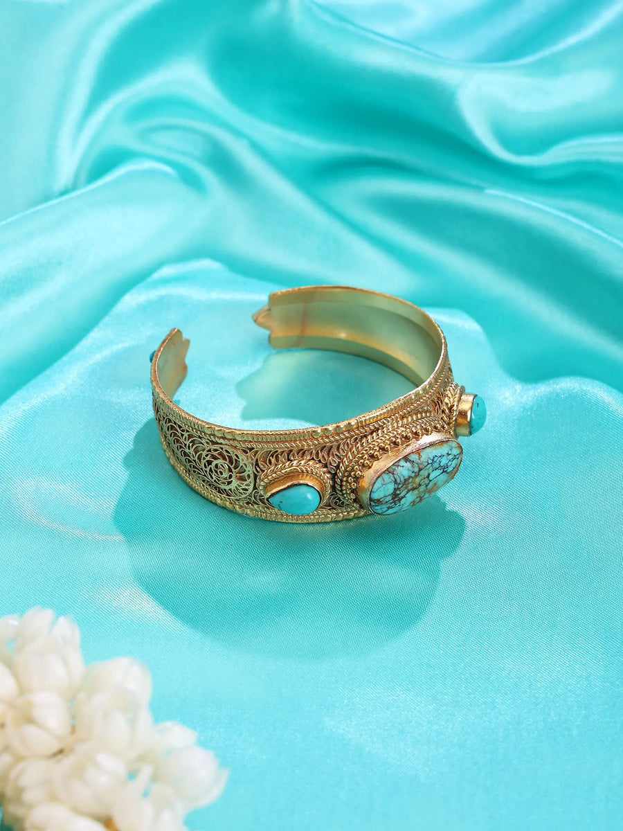 Turquoise and Filigree Gold Tone Sterling Silver Cuff Bracelet