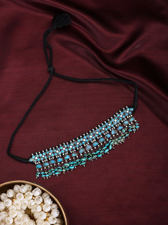 Turquoise Filigree and Fringe Sterling Silver Choker Necklace