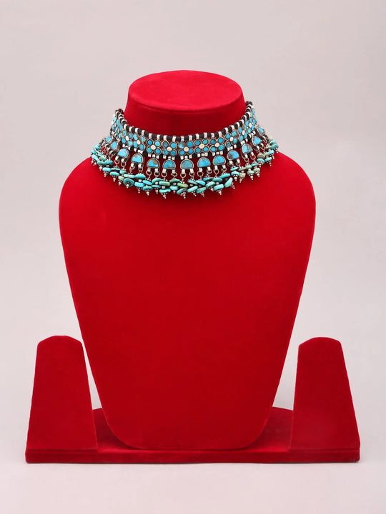 Turquoise Filigree and Fringe Sterling Silver Choker Necklace
