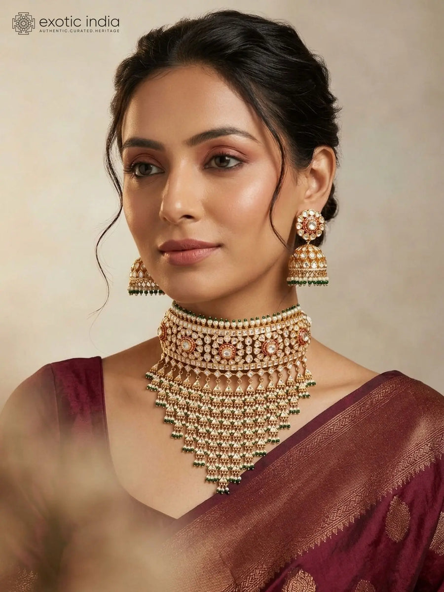 Kundan Style Sterling Silver Bridal Choker and Jhumka Earrings Set