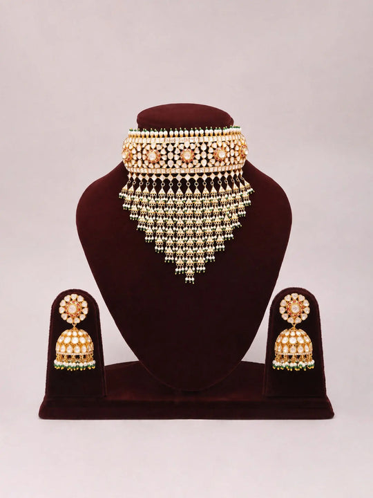 Kundan Style Sterling Silver Bridal Choker and Jhumka Earrings Set