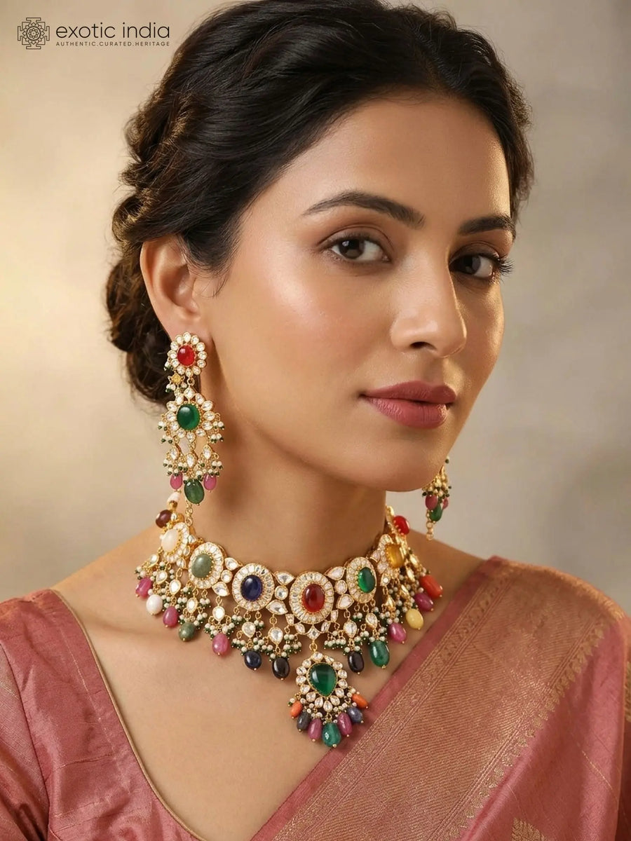 Multicolour Stone Studded Sterling Silver Necklace and Earrings Set