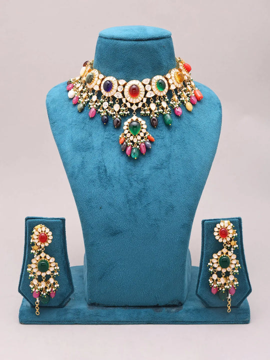 Multicolour Stone Studded Sterling Silver Necklace and Earrings Set