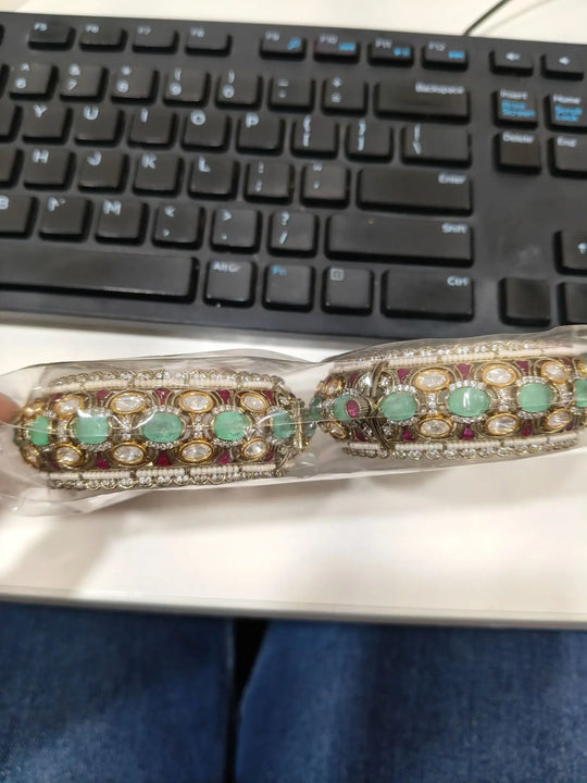 Emerald Green Kundan Brass Openable Bangles with Beaded Border